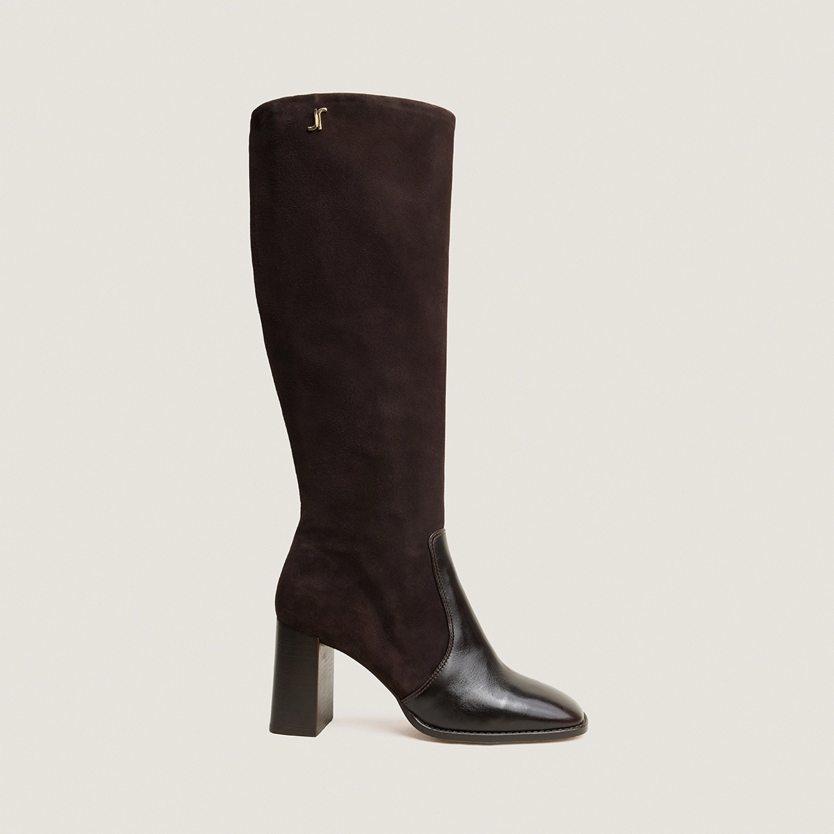 Heeled monogram boots in dark brown leather and dark brown suede | VAUBO