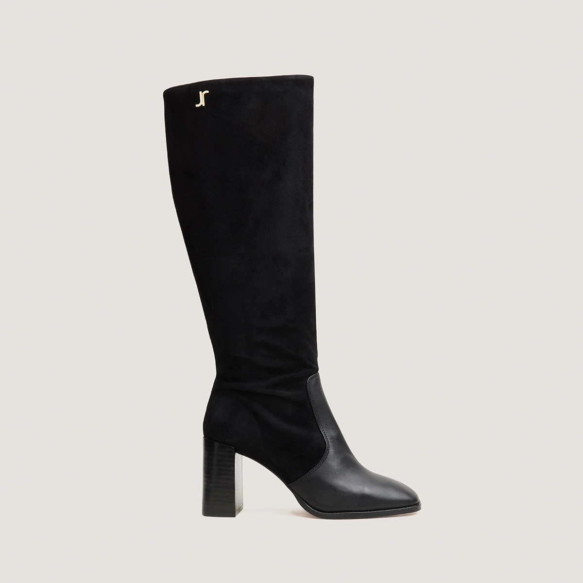 Heeled monogram boots in black leather and black suede | VAUBO
