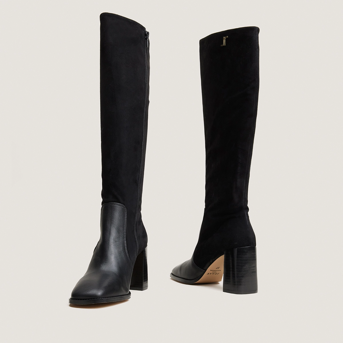 Heeled monogram boots in black leather and black suede | VAUBO