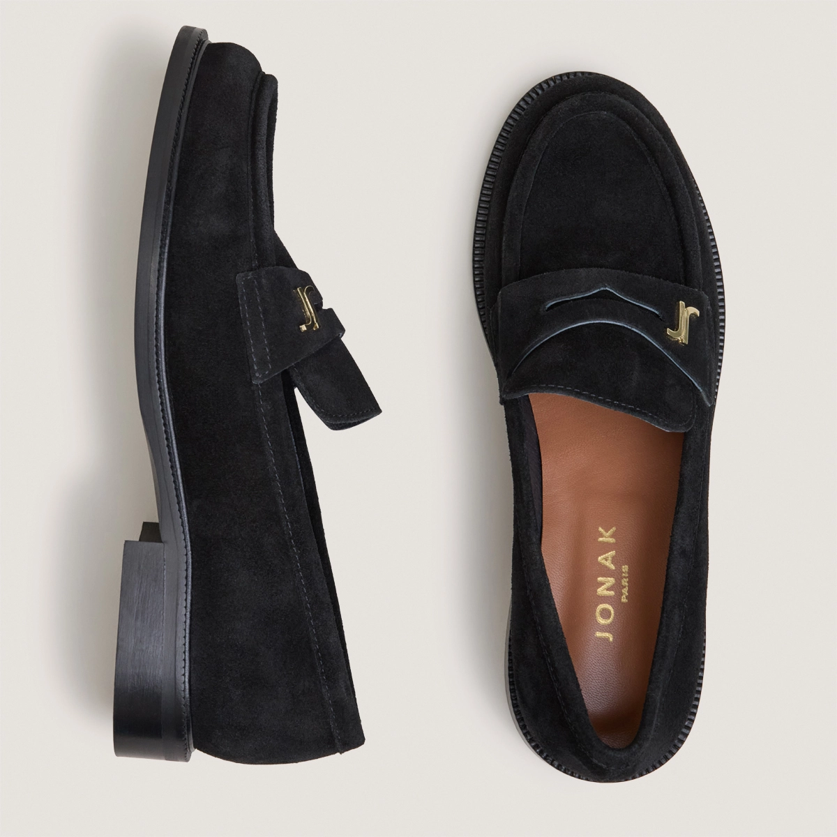 Round-toe monogram loafers in black split leather | DUEDI