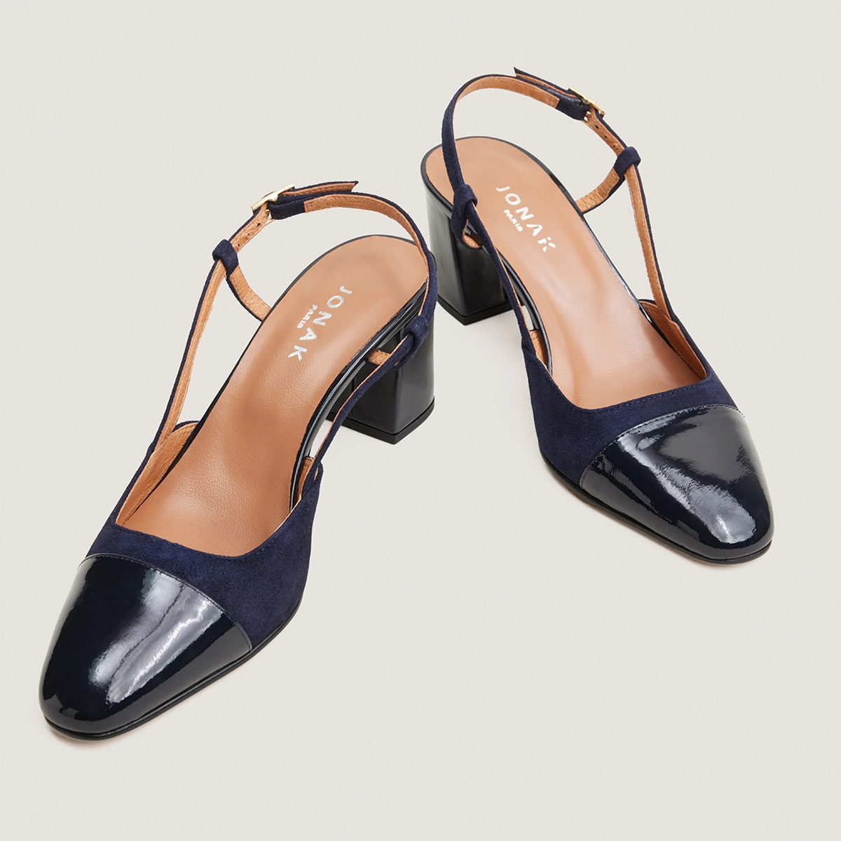 Heeled slingbacks in navy blue shiny leather and navy blue velvet | DHAPOP