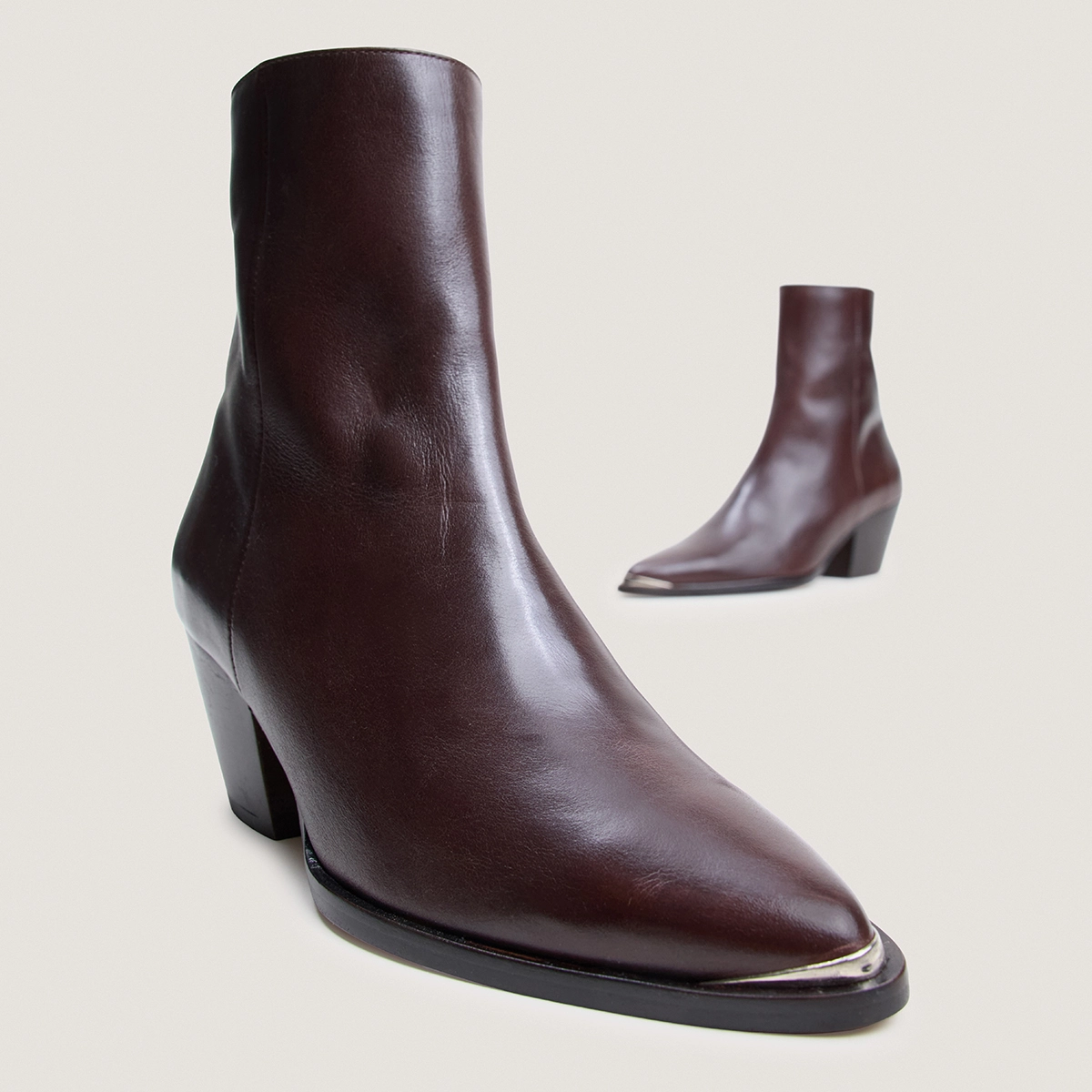 Heeled ankle boots with silver toe caps in brown leather | PRUDENCE