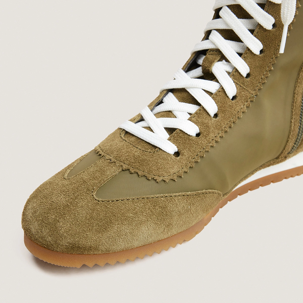 High-top lace-up sneakers in khaki split leather and khaki nylon | DUTO