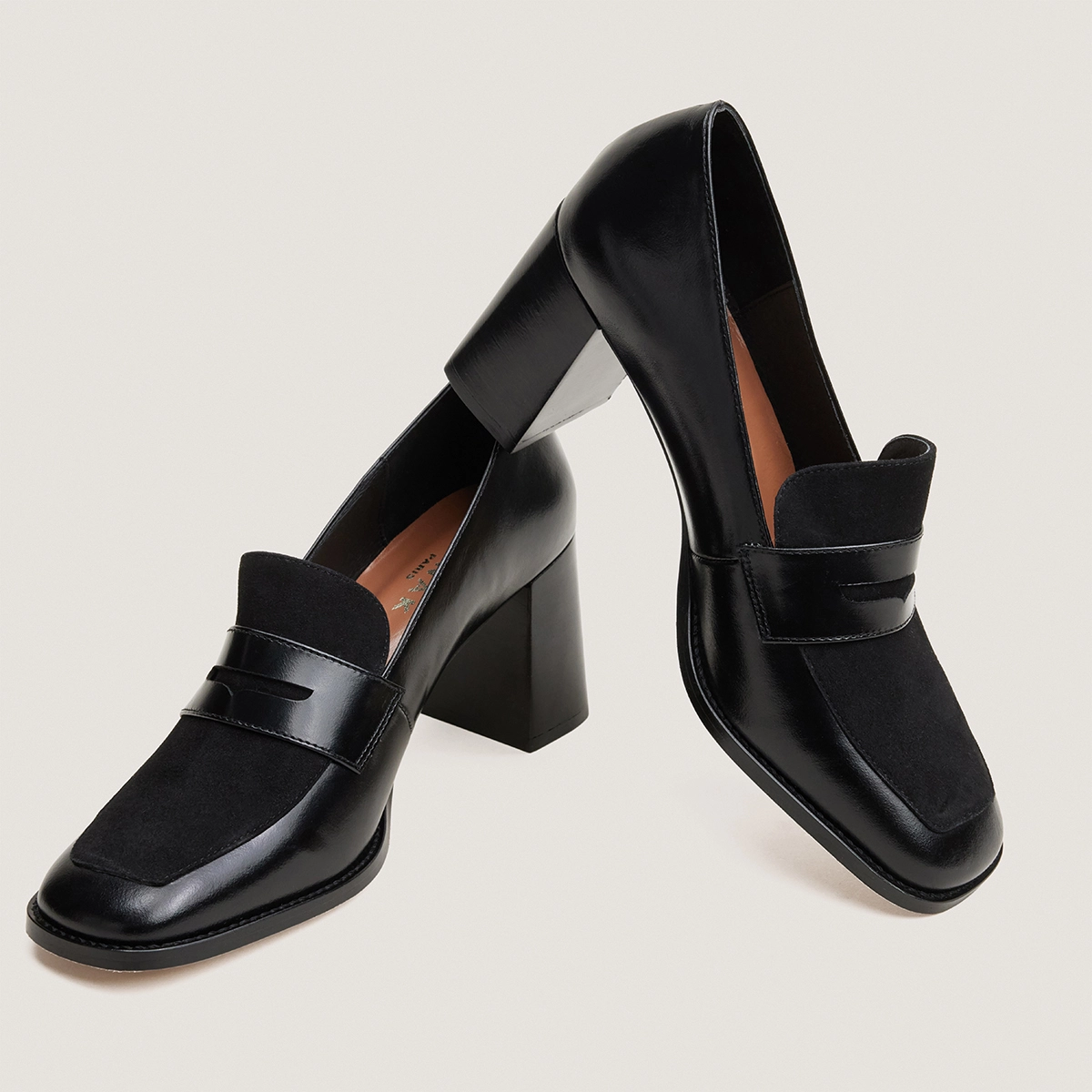 Heeled Loafers in black leather and velvet | VARIA