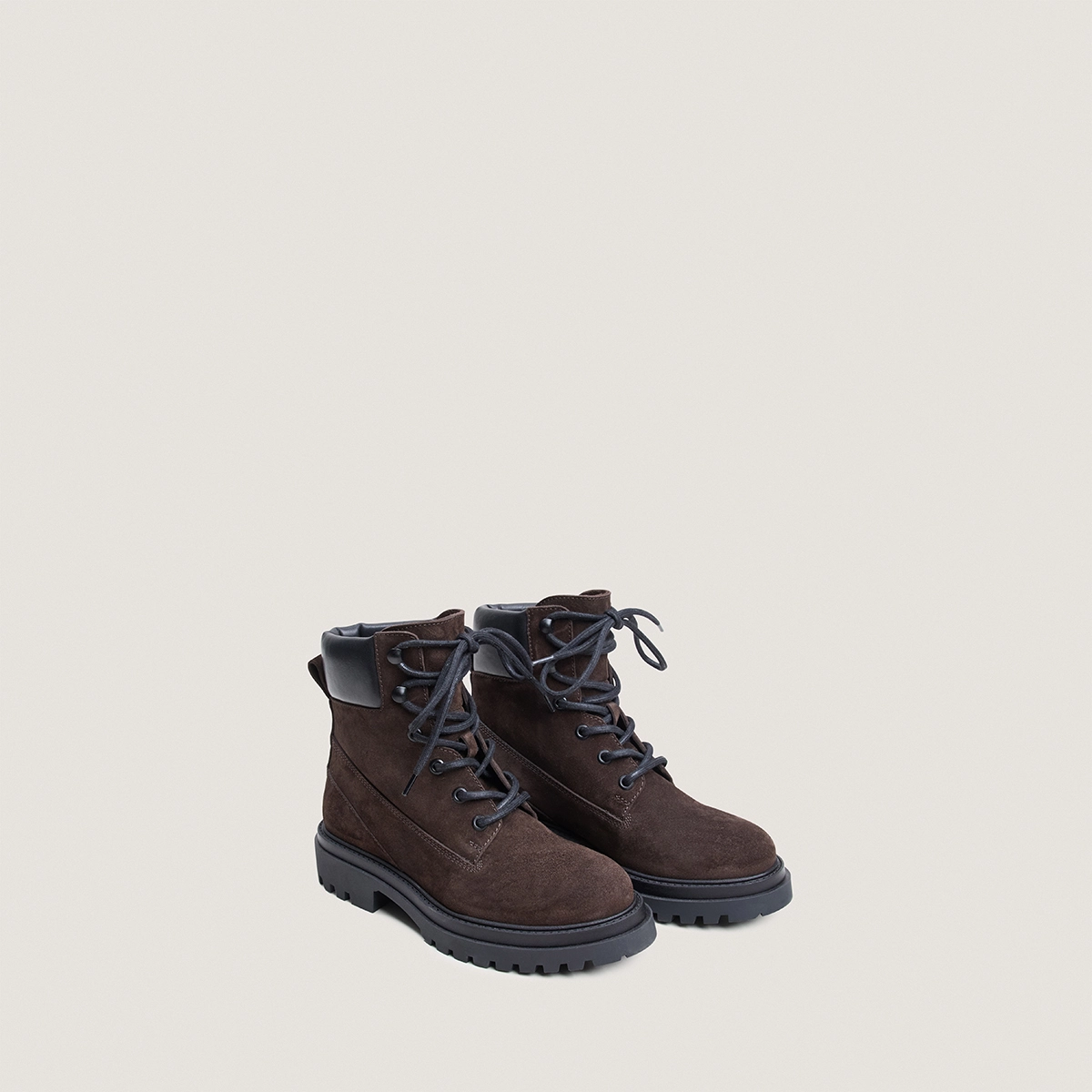 Lace-Up Boots with Lug Soles in brown split and black leather | LOUANE
