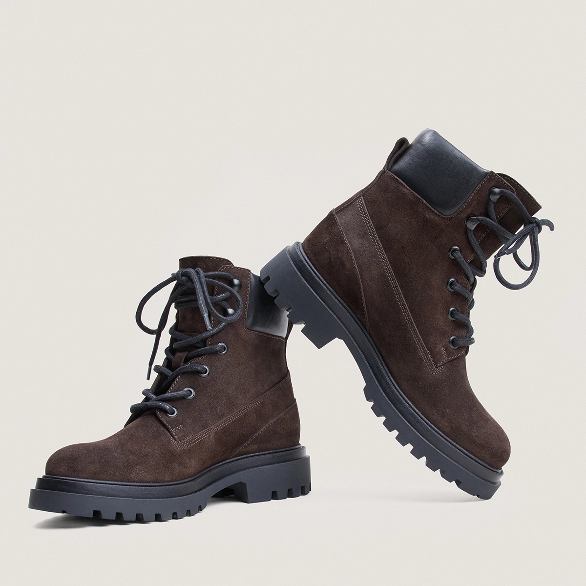 Lace-Up Boots with Lug Soles in brown split and black leather | LOUANE