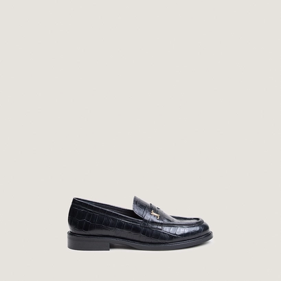 Round-toed loafers with monograms in black crocodile leather | duedi