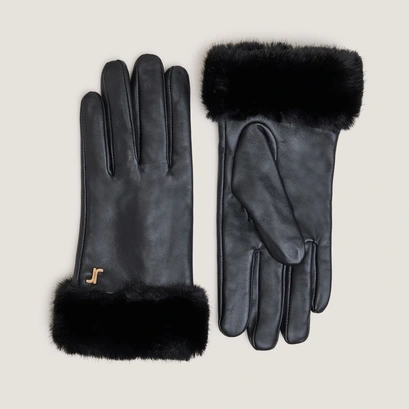Monogram gloves in black leather and black synthetic fur | josette