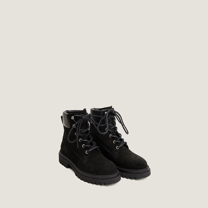 Lace-up lug-sole low boots in black suede and black leather | louane