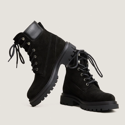 Lace-up lug-sole low boots in black suede and black leather | louane
