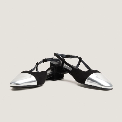 Slingbacks ballet flats in silver mirror and black suede | dhapou