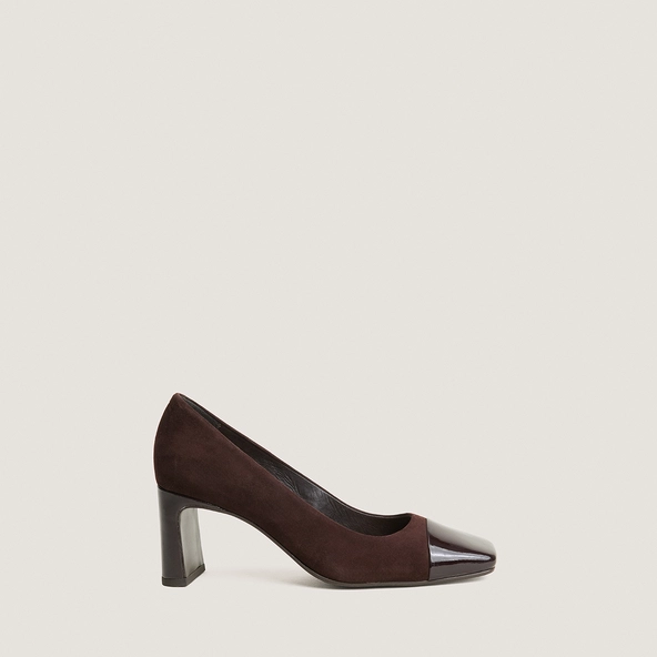 Block heels square-toe pumps in dark brown patent leather and brown suede | DOG