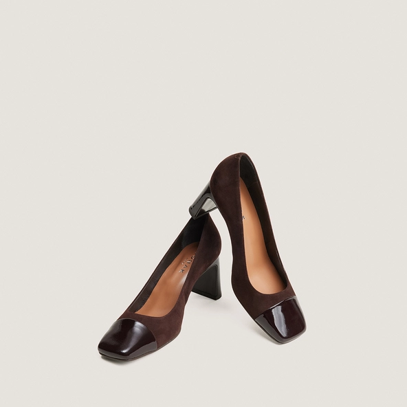 Block heels square-toe pumps in dark brown patent leather and brown suede | DOG