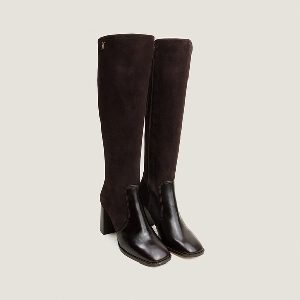 Heeled monogram boots in dark brown leather and dark brown suede | VAUBO
