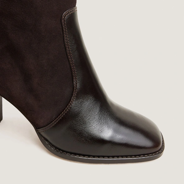 Heeled monogram boots in dark brown leather and dark brown suede | VAUBO
