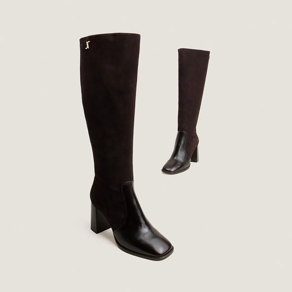 Heeled monogram boots in dark brown leather and dark brown suede | VAUBO