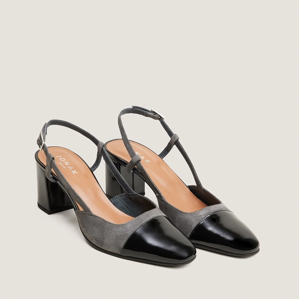 Heeled slingbacks in black shiny leather and grey suede | DHAPOP