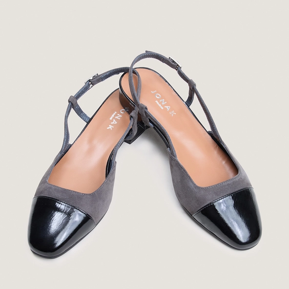 Slingbacks ballet flats in black shiny leather and grey suede | DHAPOU