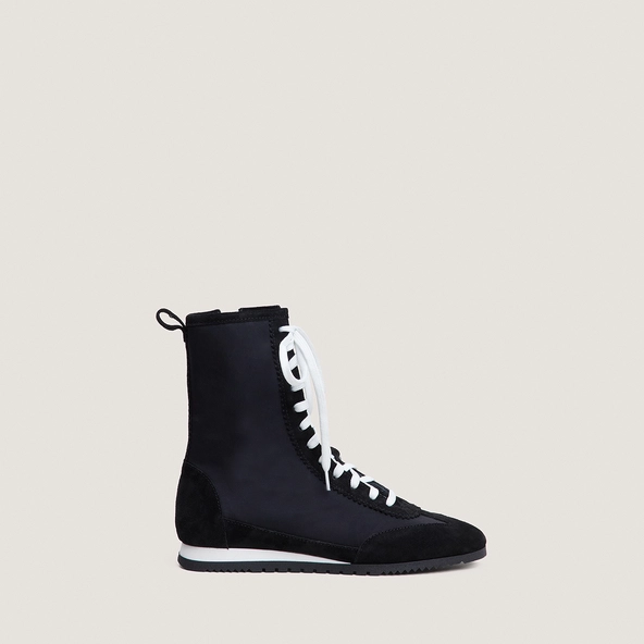 High-top lace-up sneakers in black split leather and black nylon | DUTO