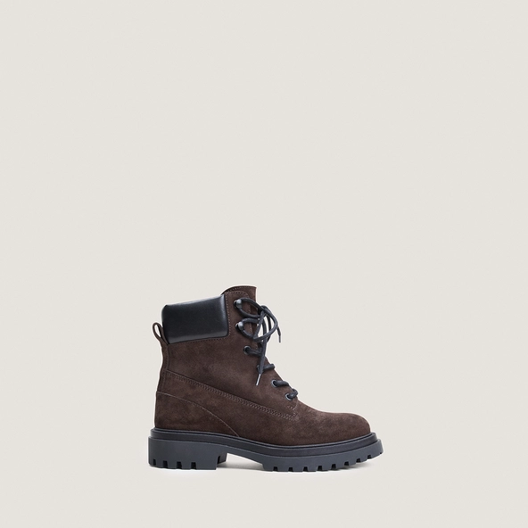 Lace-up lug-sole low boots in black suede and black leather | LOUANE
