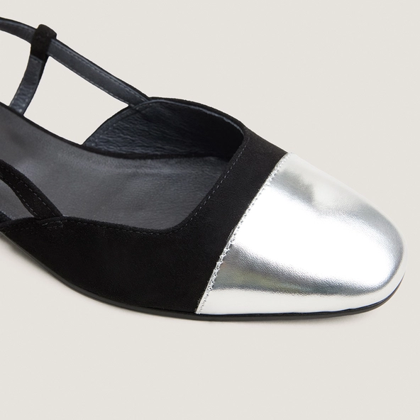 Slingbacks ballet flats in silver mirror and black suede | DHAPOU