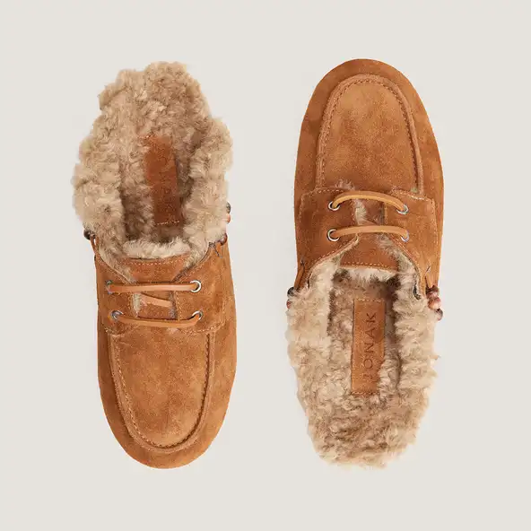 Soft backless loafers in cognac split leather | LILOU