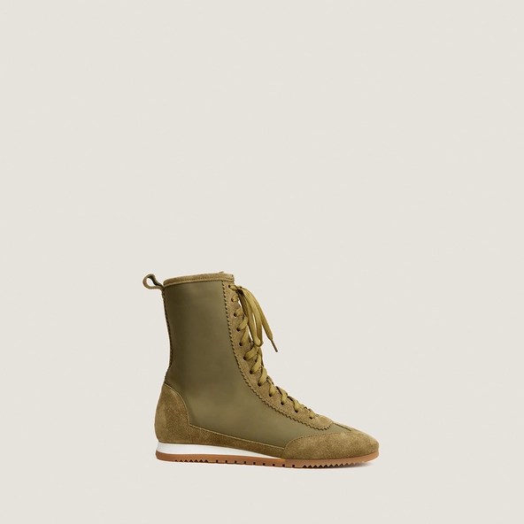 High-top lace-up sneakers in khaki split leather and khaki nylon | DUTO