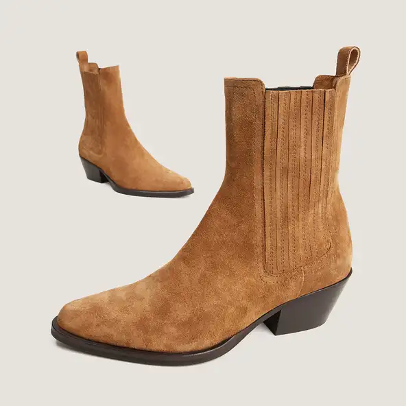 Pointed-Toe Chelsea Ankle Boots in taupe split leather | LYSANDRE