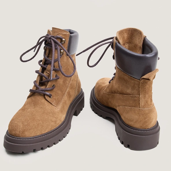 Lace-Up Boots with Lug Soles in taupe suede and brown leather | LOUANE