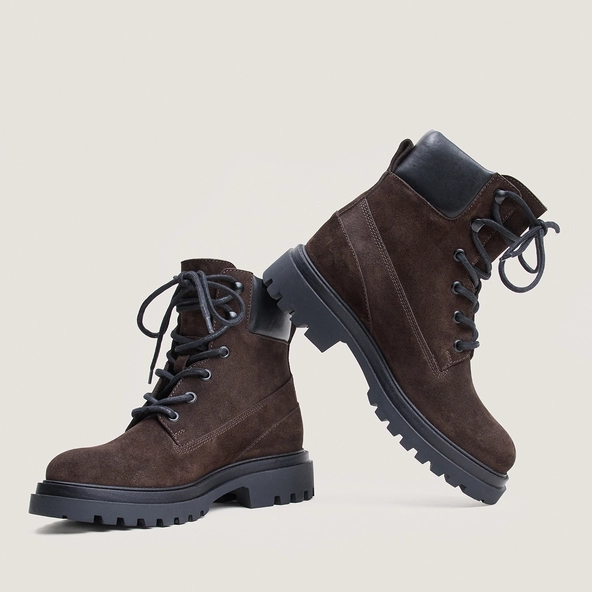 Lace-Up Boots with Lug Soles in brown split and black leather | LOUANE