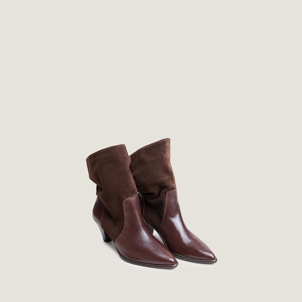 Pointed-toe ankle boots in brown suede and brown leather | PAMPA