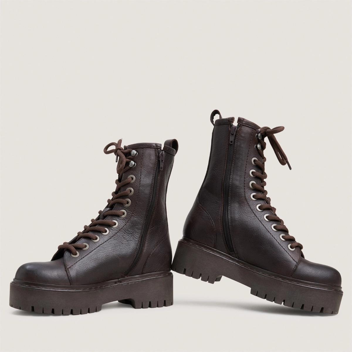 Lace-up boots with lug soles in dark brown grained leather | ALTHEA