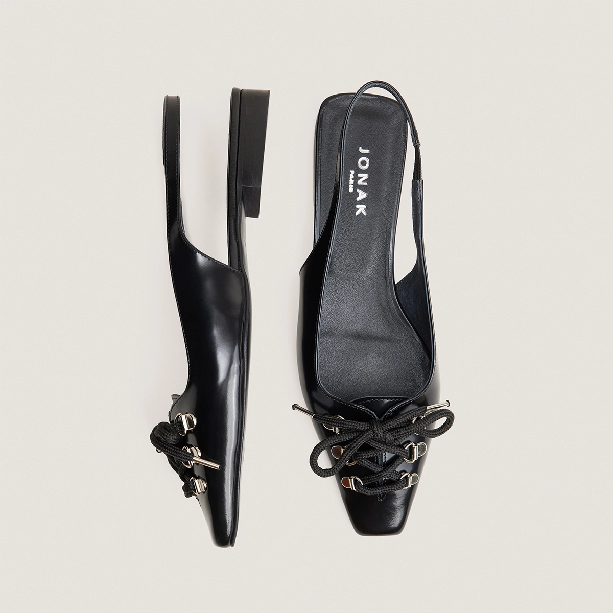 Lace-Up Slingback Ballet Flats in black glazed leather | DINOU