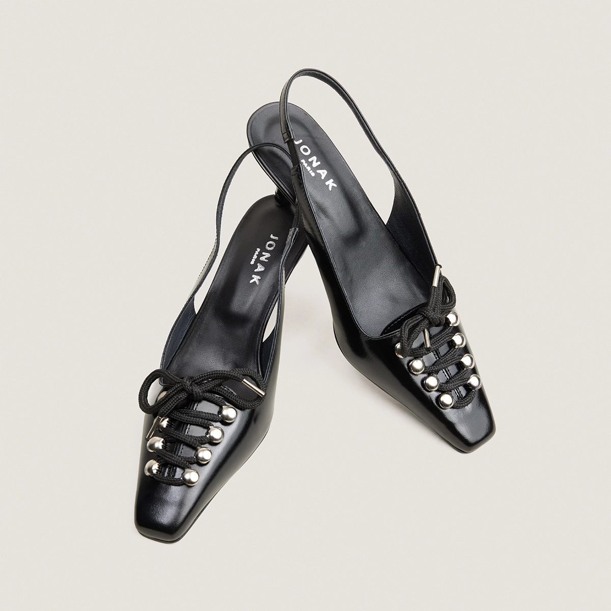 Lace-Up Slingback Pumps in black glazed leather | DINUS