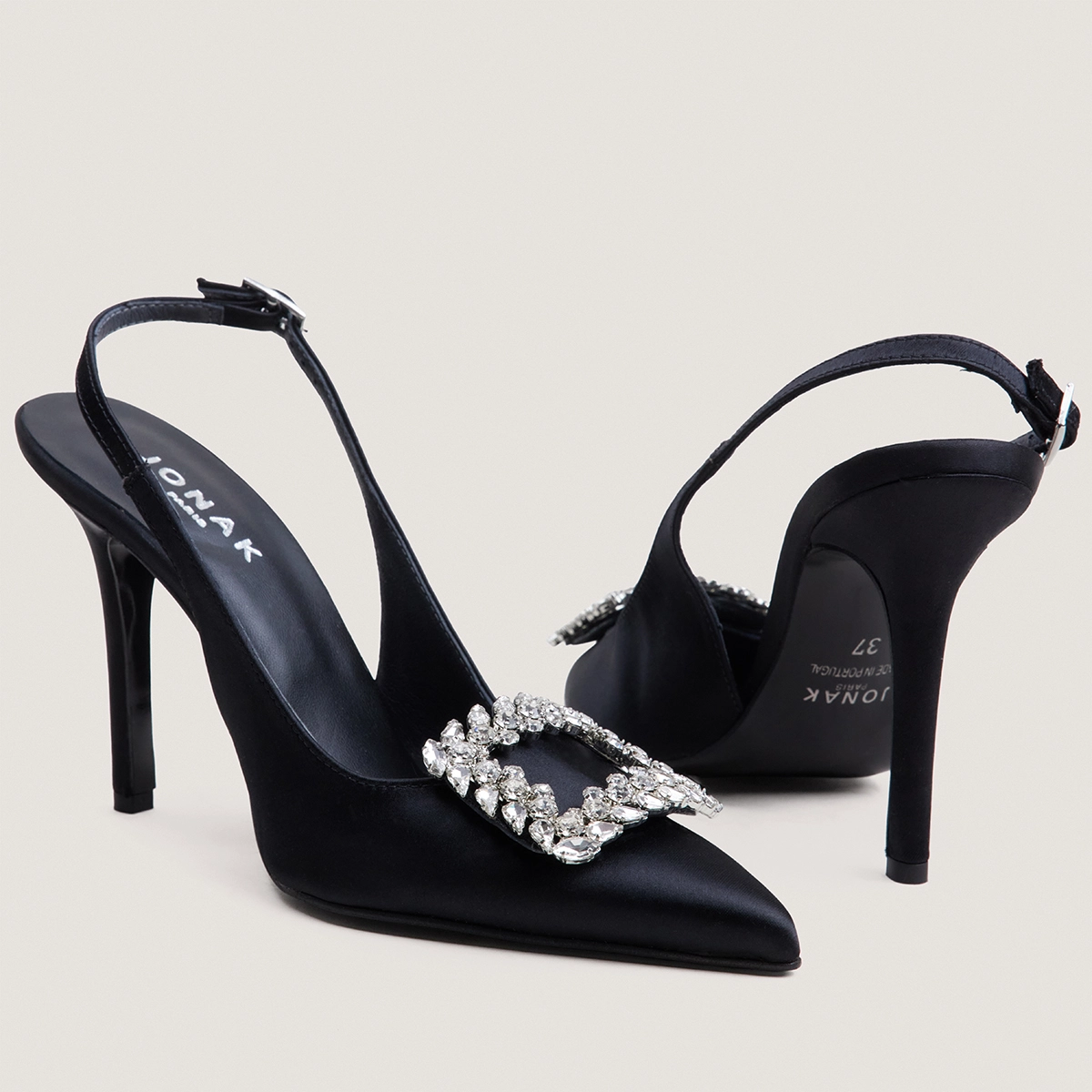 Pointed-Toe Slingback Pumps in black satin | DOVELUS