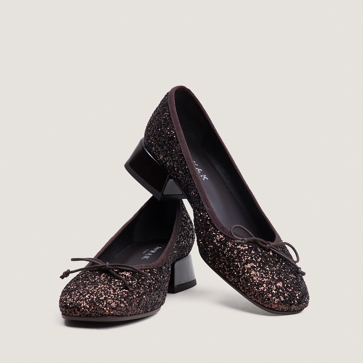 Round-Toe Ballet Flats in brown glitter and dark brown patent | DYBIL