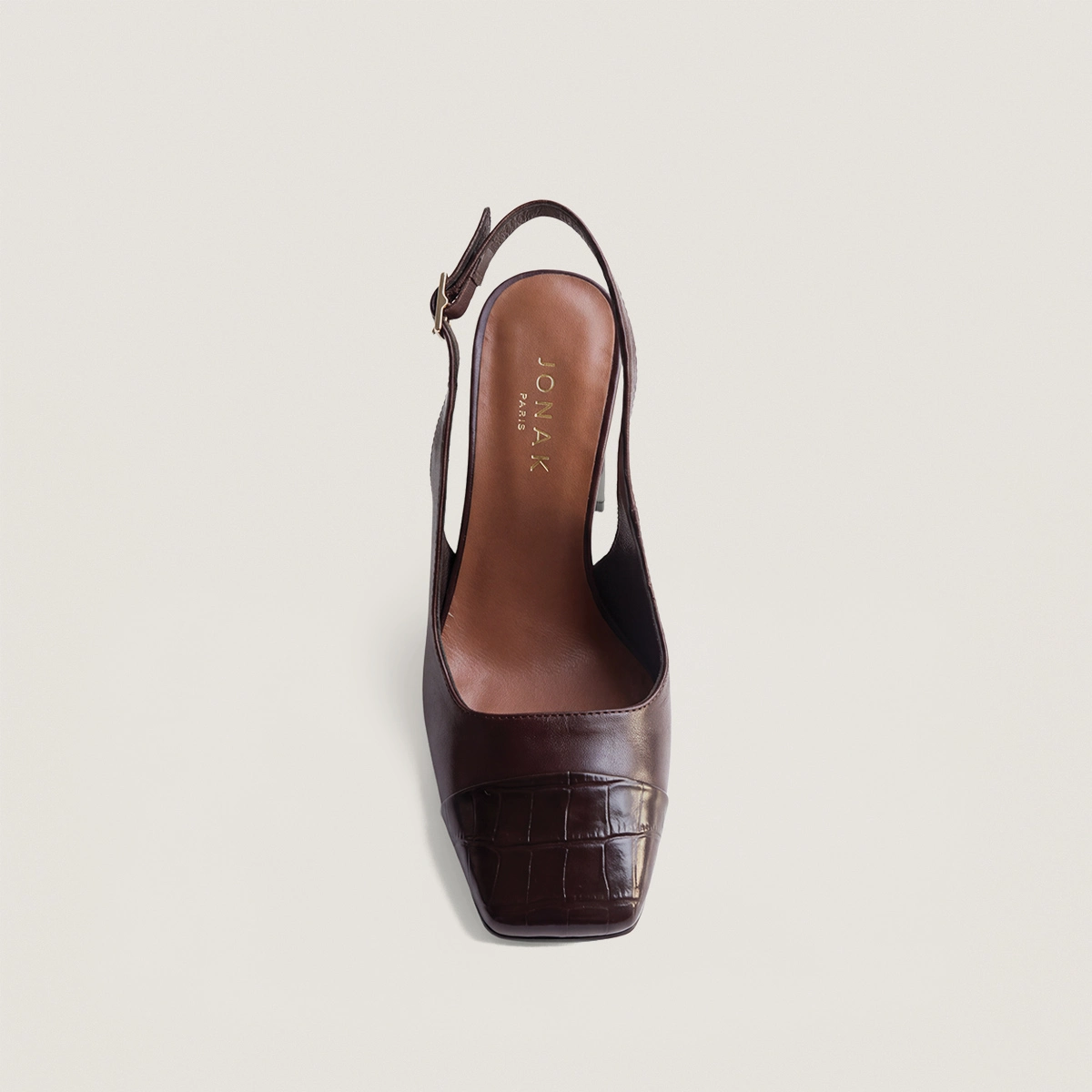 Pumps with square toes in brown leather and brown crocodile-effect leather | DESTINO