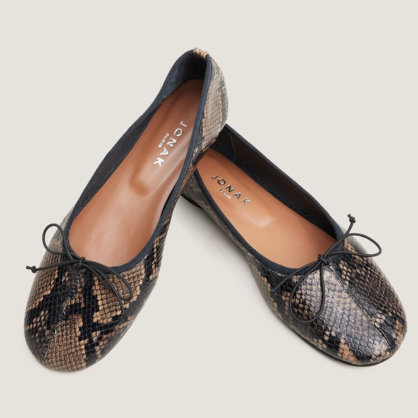 Ballet flats with small laces in taupe python-effect leather | DALLETTE