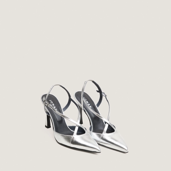 Heeled Pumps in silver metallic leather and silver crackled leather | DAUTOMNE