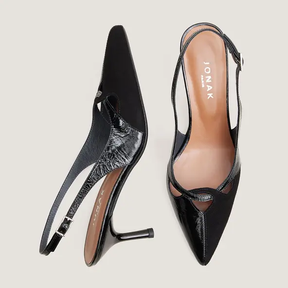 Heeled pumps in black patent leather and black suede | DIGE