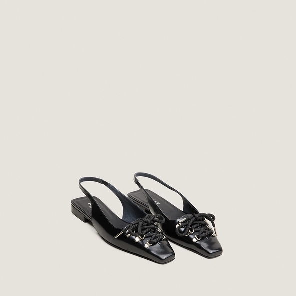 Lace-Up Slingback Ballet Flats in black glazed leather | DINOU