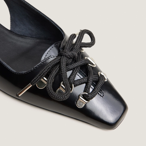 Lace-Up Slingback Ballet Flats in black glazed leather | DINOU