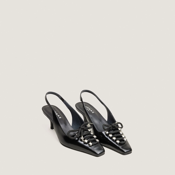 Lace-Up Slingback Pumps in black glazed leather | DINUS