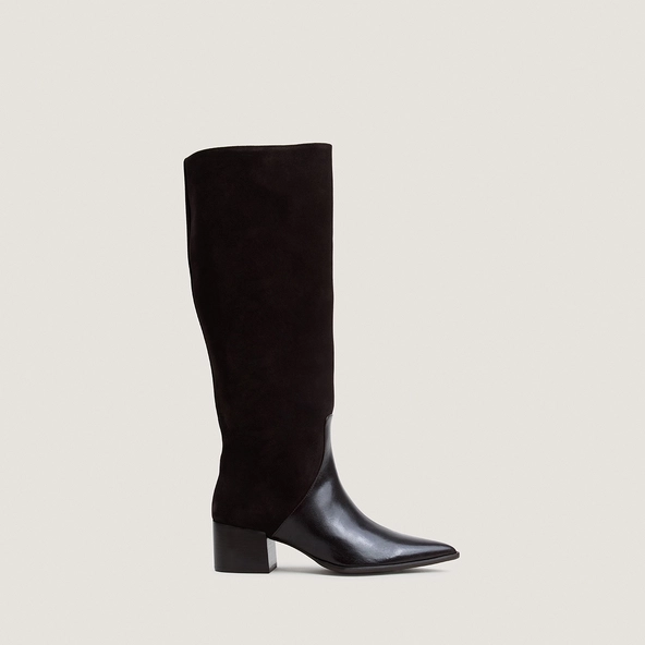 Heeled Pointed-Toe Boots in dark brown leather and dark brown split leather | PRIME
