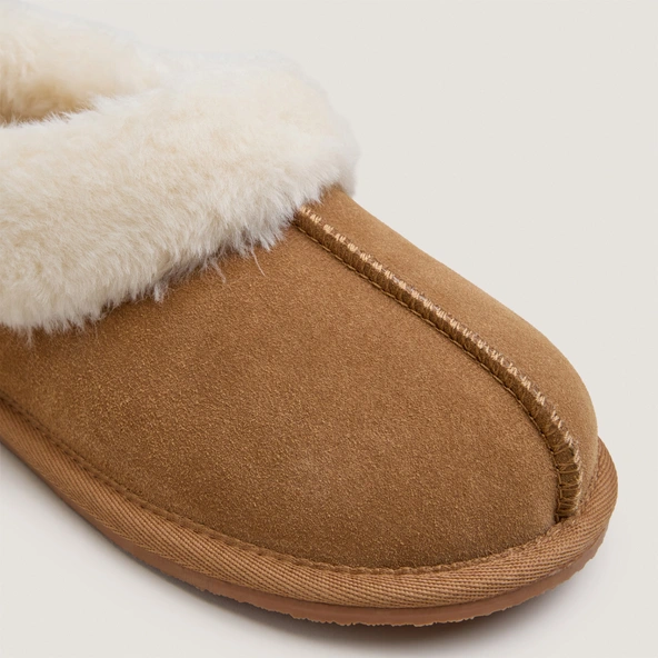 Slippers in hazelnut synthetic fur split leather | JOYEUSE
