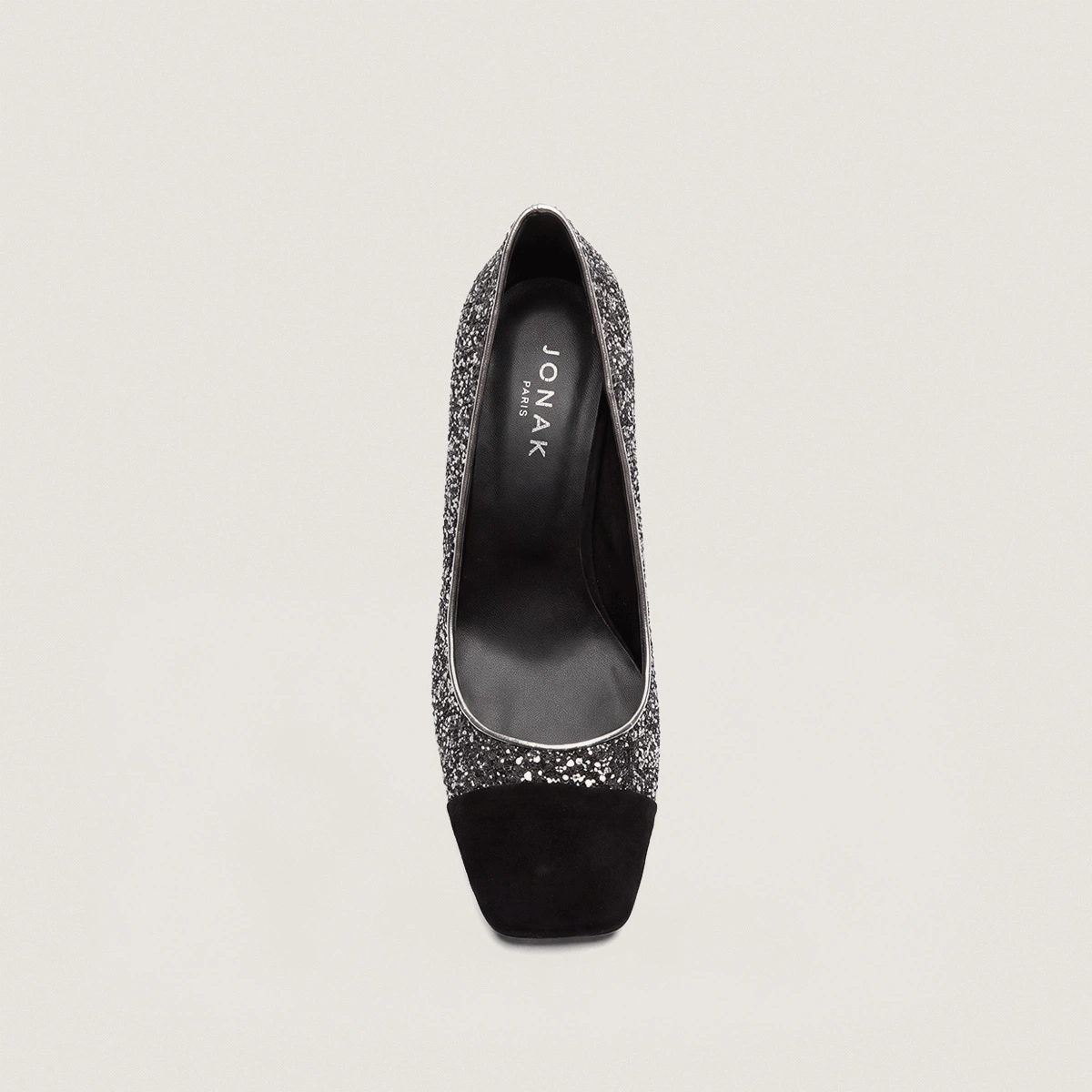 Block-Heel Pumps with Square Toes in black suede and dark silver glitter | DOG
