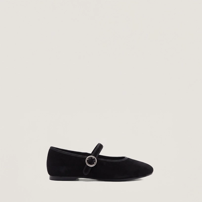 Ballet flats with adjustable straps and buckles in black suede | deesse