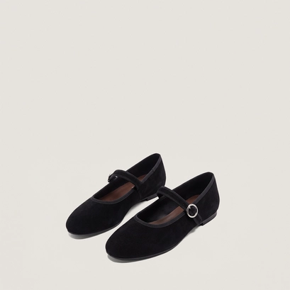 Ballet flats with adjustable straps and buckles in black suede | deesse