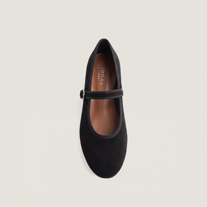 Ballet flats with adjustable straps and buckles in black suede | deesse