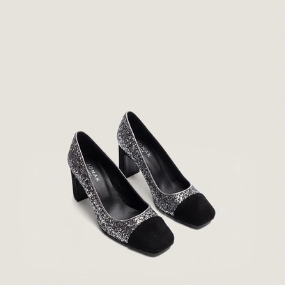 Block-Heel Pumps with Square Toes black/silver
